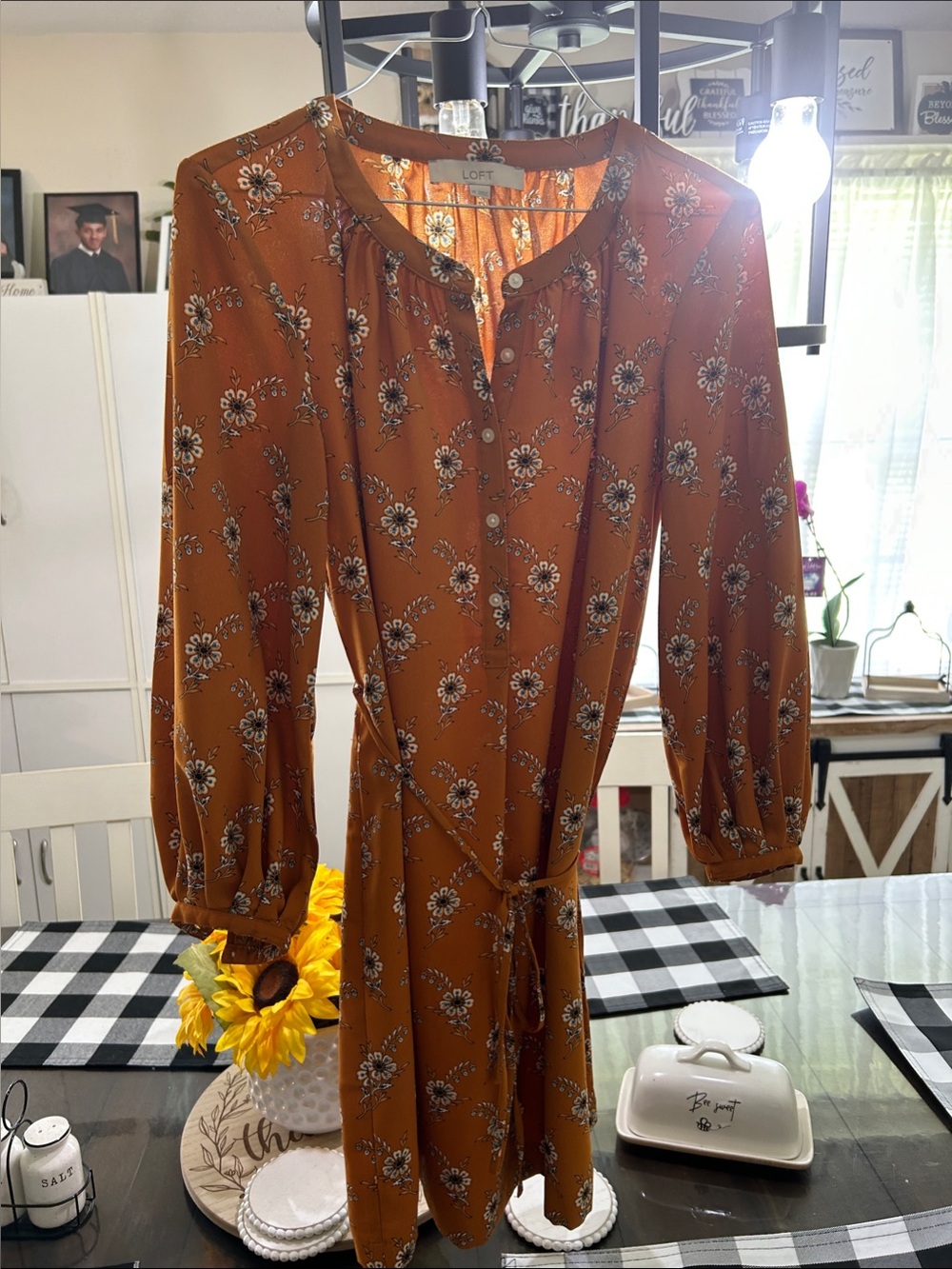 LOFT Rust Floral Tie-Waist Mini Dress